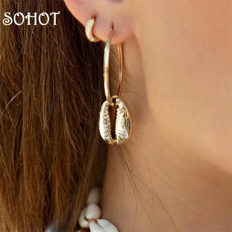 

SOHOT Ethnic Style Gold Color Alloy Shell Shape Women Pendant Hoop Earrings BOHO Handmade Summer Punk Party Jewelry Bijoux Gift