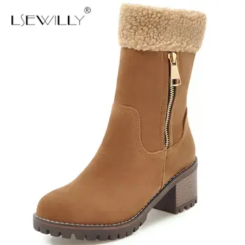 

Lsewilly Women Boots Female Winter Shoes Woman Black Snow Boots Fashion Square High Heel Mid Calf Boots Half Knee Boots S636
