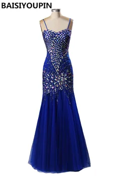 

Abendkleider Crystal 2020 Vestido De Noite Longo Luxury Crystals Royal Blue Mermaid Evening Dresses with Straps
