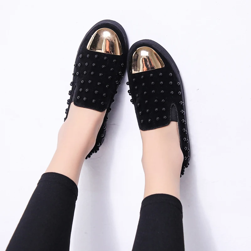 

Ladies Loafers Velvet Cool Gold Rivets Flock Woman Spring Autumn Fashion Slip On Round Toe Women Flats Casual Shoes Moccasin