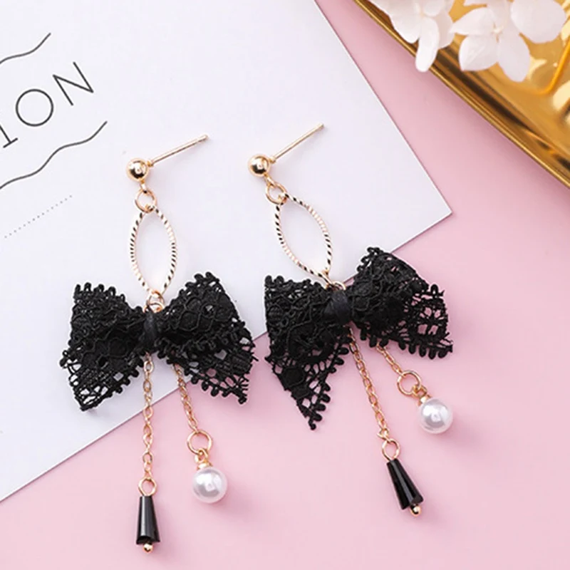 

1 Pair Korea New Handmade Cute Lace Bow Knot Tassel Pearl Round Crystal Drop Earring Fashion Jewelry Accessories For Women