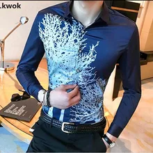 CH. КВОК партии мужские рубашки Camisa социальной masculina рубашки мужские oversize 5XL черный белый синий с принтом мужские классические рубашки