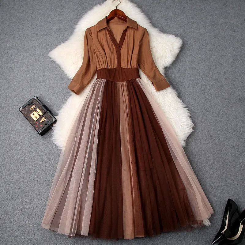 

Women color block mesh dress elegant 3/4 sleeve shirt dresses new 2019 spring summer brown mid-calf