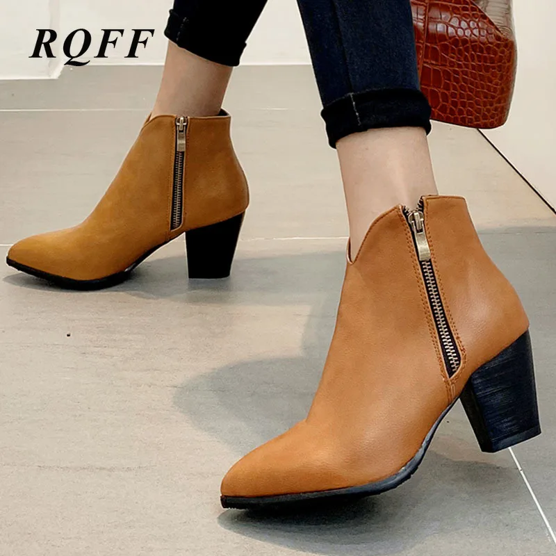 

Yellow Khaki Black Ankle Boots Woman Plus Size 33 45 High Heels Womens New Autumn Fashion Shoes Zip Pu Leather Round Ladies Boot