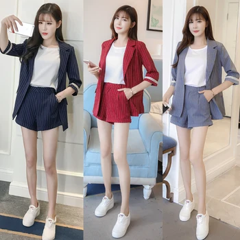 

Korean Office Lady Striped 2 Piece Set Women Loose Two Piece Set Three Quarter Single Button Summer Set Women