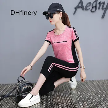 

DHfinery Leisure suit 2 piece set women short sleeve t shirt and trousers gray pink orange casual set plus size M-4XL bs7276