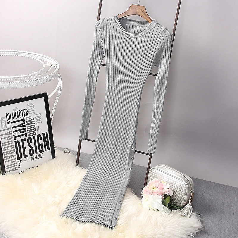 Женское трикотажное платье ALPHALMODA с длинными рукавами высоким разрезом на