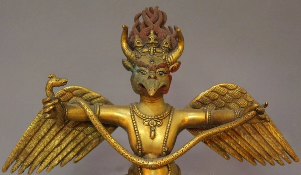 

9" Bronze 24K Gold Tibet Buddhism Redpoll Winged Garuda Bird Eagle Buddha Statue
