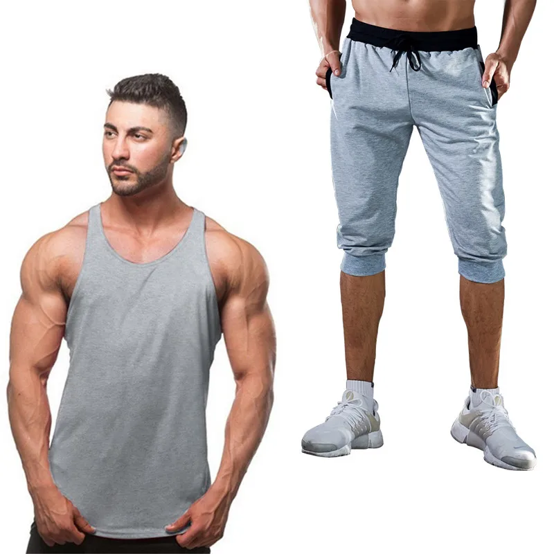 

2019 new solid color sportswear men's two-piece shorts + vest summer cool Sweatshirt suit men's jogging with the same suit