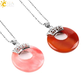 

CSJA Natural Gem Stone Necklace & Pendants Hollow Out Circle Lapis Lazuli Unakite Onyx Reiki Healing Women Men Jewelry Gift E518