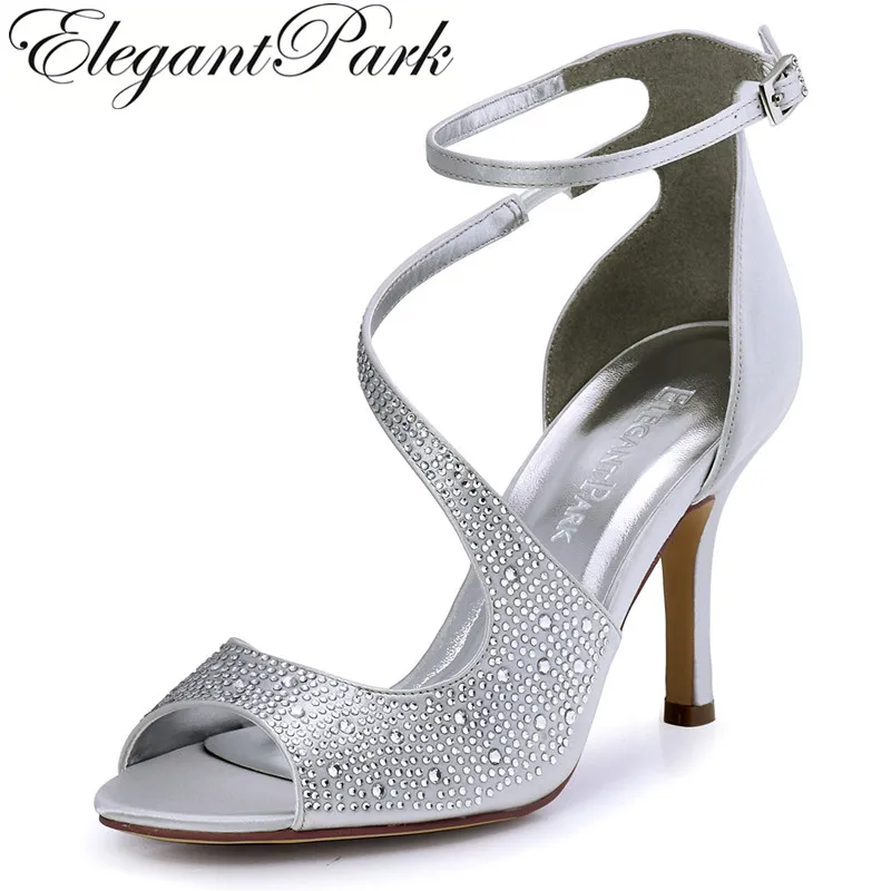 Summer Sandals Woman Sexy Silver Ankle Strap High Heel Bling Rhinestone Satin Bride Bridesmaid