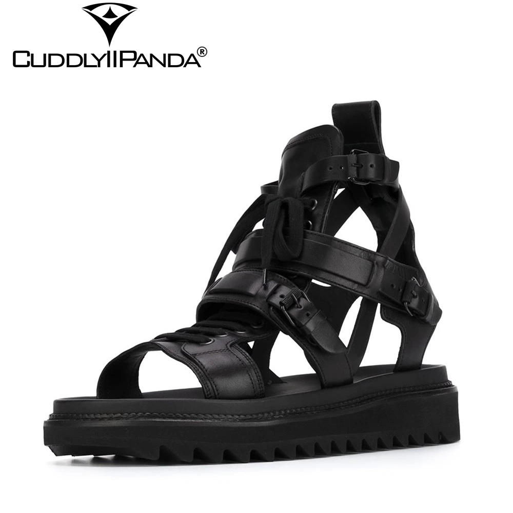 

CuddlyIIPanda 2018 Summer Luxury Design Gladiator Sandals Metal Buckle Men sandals Rome Style Genuine Leather Beach Sandalias