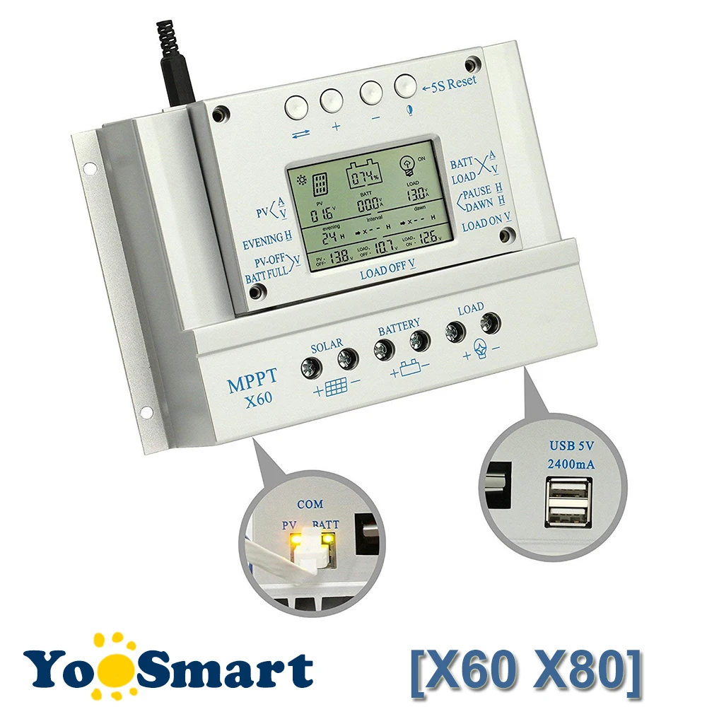 PowMr MPPT 80A 60A Контроллер заряда солнечной батареи 12 В 24 2 м светодиодный кабель