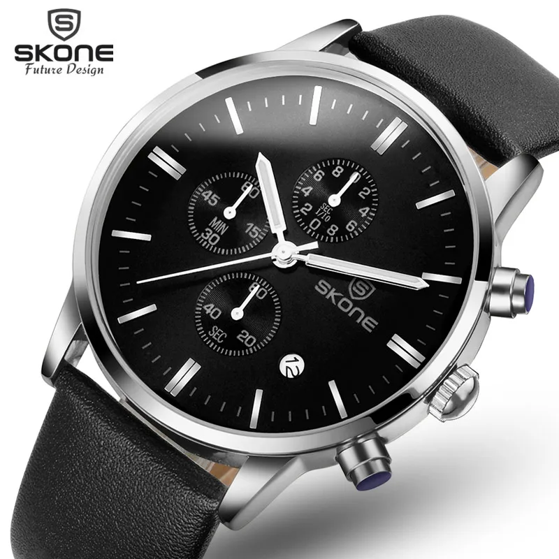 

Genuine SKONE 2017 Chronograp Genuine Leather Strap Business Watch Quartz Luxury Sport Watch Men Brand Watch relogio masculino