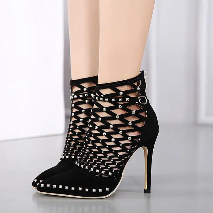 

ALMUDENA Women Black Suede Studded Short Boots Cut-out Cage Shoes Buckle Strap Sandal Booties Pointed Toe Dress Shoes Pumps