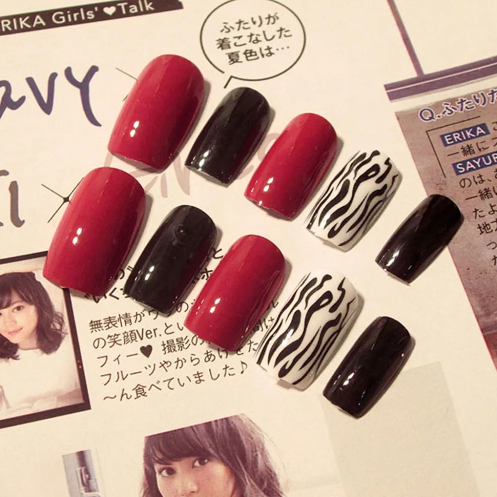 10 36 De Descuento24 Unidsset Uñas Postizas De Color Rojo Y Negro Color Crema Bonitas Uñas Postizas Francesas Con Adhesivo De Cara Medio Largo
