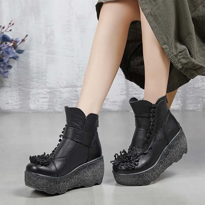 

2018 autumn new thick-soled boots handmade flowers retro single boots high-heeled wedges platform women's boots
