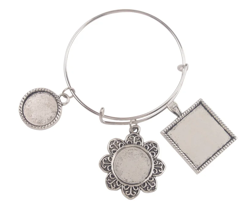 

6PCS Expandable Wire Bangle Pendant Tray Settings Charm Bracelet #92932