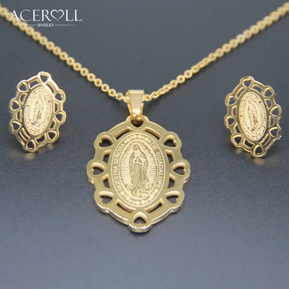 

ACEROLL Catholic Jewelry Set - Stainless Steel Oval Heart Earring and Pendant Necklace with Virgin of Mary Guadalupe Engraved