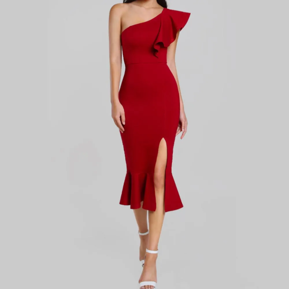 JSMY 2019 New Summer Fashion Women Sexy Slim Irregular Strapless Hem Slit Slip Ruffled Midi Dress