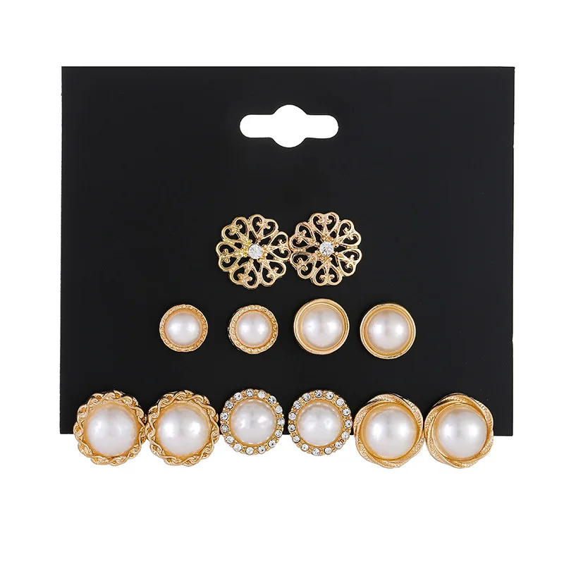 

Fashion Jewelry 6Pcs/set Vintage Rhinestone Flower Pearl Earrings Set For Women Good Gift