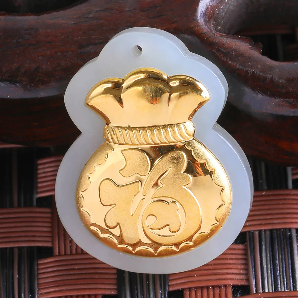 

Blessing Bag thickness 4D Gold Inlaid Xinjiang Hetian Jade Gold Inlaid Jade Bag Pendants Fu Word Purse Jewelry Wholesale 8674