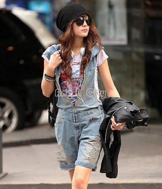 Tanie Hole denimowe fartuchy damskie Jean kombinezony krótkie spodnie sprane dżinsy Denim Casual pajacyki 4 rozmiary