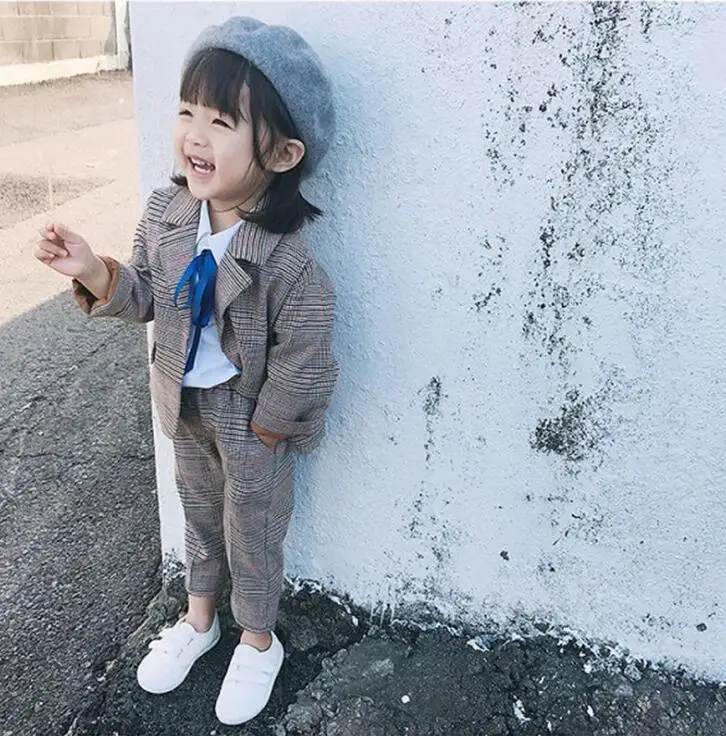 2019 new girls 2 pcs plaid set coat+long pants cotton spring girls suits 1-6t 