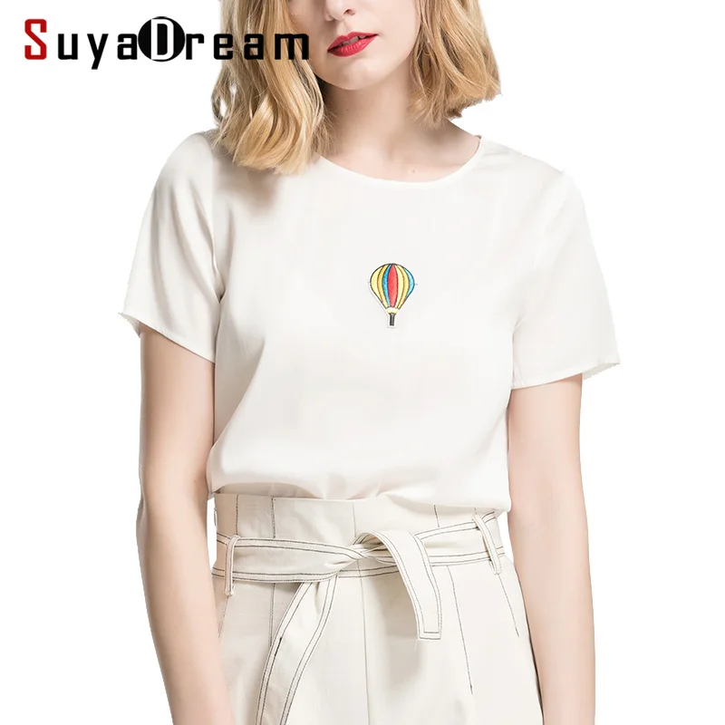 Women White T SHIRT Short sleeve Real Silk casual short Top Blusas femininas 2018 Spring Summer | Женская одежда