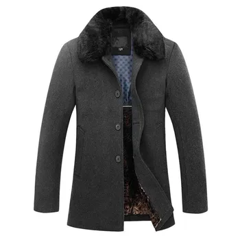

Autumn and winter new high-end men's wool coat thick business casual fur collar jacket solid color Overcoat 4XL