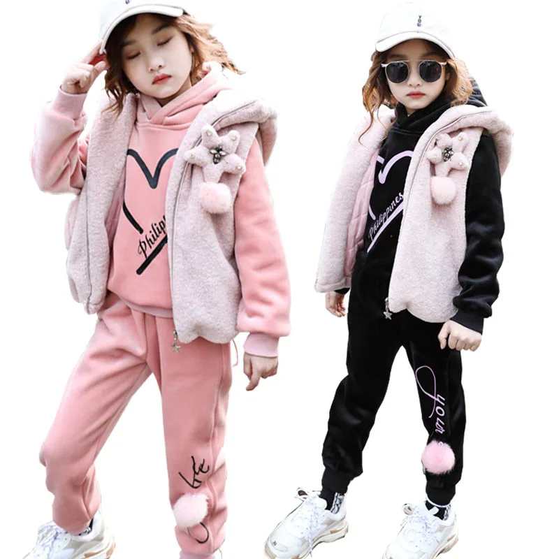 

Girls Clothes Sets Winter Girls Sport Suit Children Clothing Heart Hooded Velvet Thick Kids Tracksuit Teenager Kids Outfits 10 Y