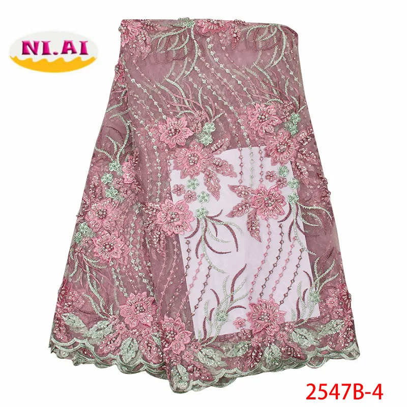 

2019 High Quality African Beaded Lace Fabric Handmade French Net Embroidery Tulle Lace Fabric For Nigerian Party Dress XY2547B-4