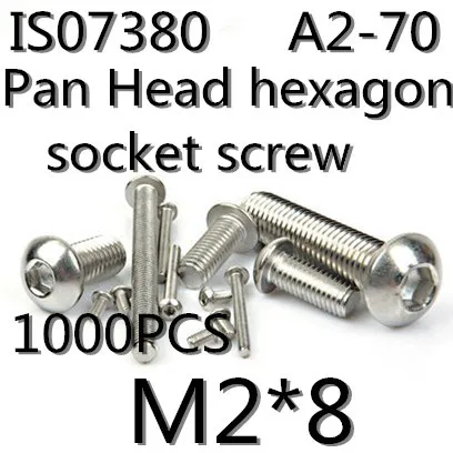 

1000pcs/lot Stainless Steel 304 ISO7380 M2*8 Pan Head Hexagon Socket Button Head Cap Screws