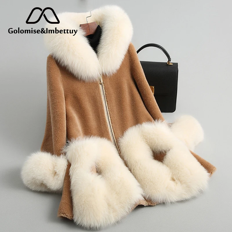 

Golomise&Imbettuy Real/Genuine Lamb Fur Coat Women Fur Coat with Fox Fur Hood Composite Shearling Faux Suede Leather Liner