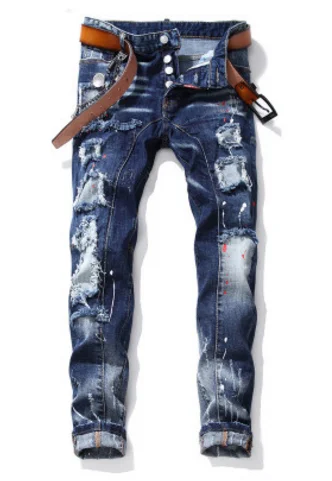 Мужские джинсы с дырками в винтажном стиле, прямые, вымытые, с обычными потертостями, ковбойские модные женские джинсы высокого качества - Цвет: Синий