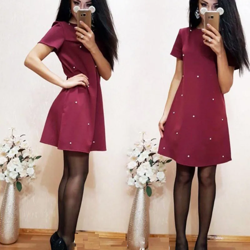 

Oufisun 2019 Summer Fashion Women Dress Casual O Neck Short Sleeve Slim Dresses Studded Beaded Dress Party Dresss Femme Vintage