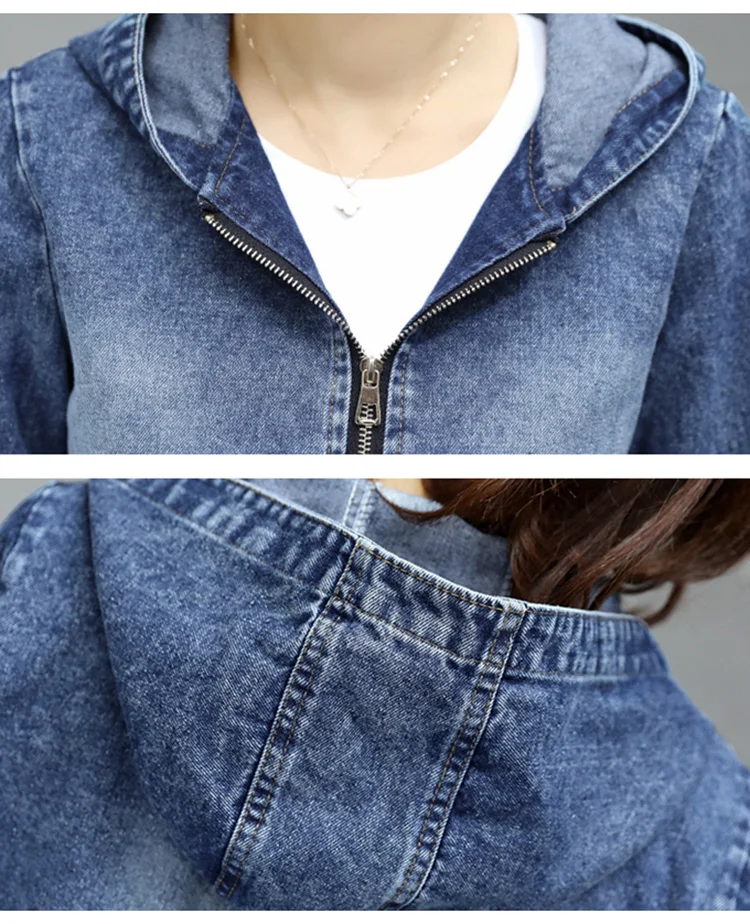 Женские осенние классические джинсовые куртки на молнии спереди, большие размеры, потертые джинсовые пальто с вышивкой сзади и капюшоном, повседневные пальто больших размеров 3XL