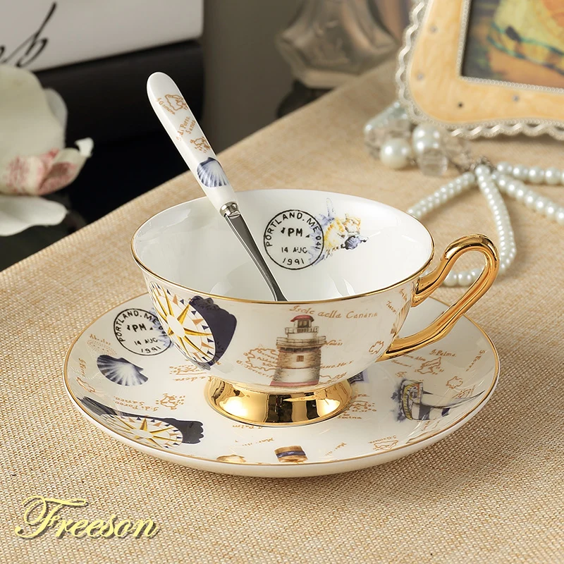 

Retro Stamp Bone China Tea Cup Saucer Spoon Set 200ml Europe Advanced Porcelain Coffee Cup Cafe Ceramic Teacup Dropshipping