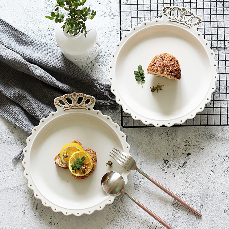 

Ceramic Plate Royal Tray Crown Food Plate Steak Dish Dessert White Ceramic Plasts Bowl Dinnerware Salad Kitchen Cookware Tools