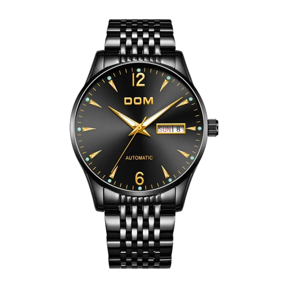 

DOM Fashion Male Automatic Mechanical Watch Business Black Dial Auto Date Week Multifunctional Men Wristwatch Relogio Masculino