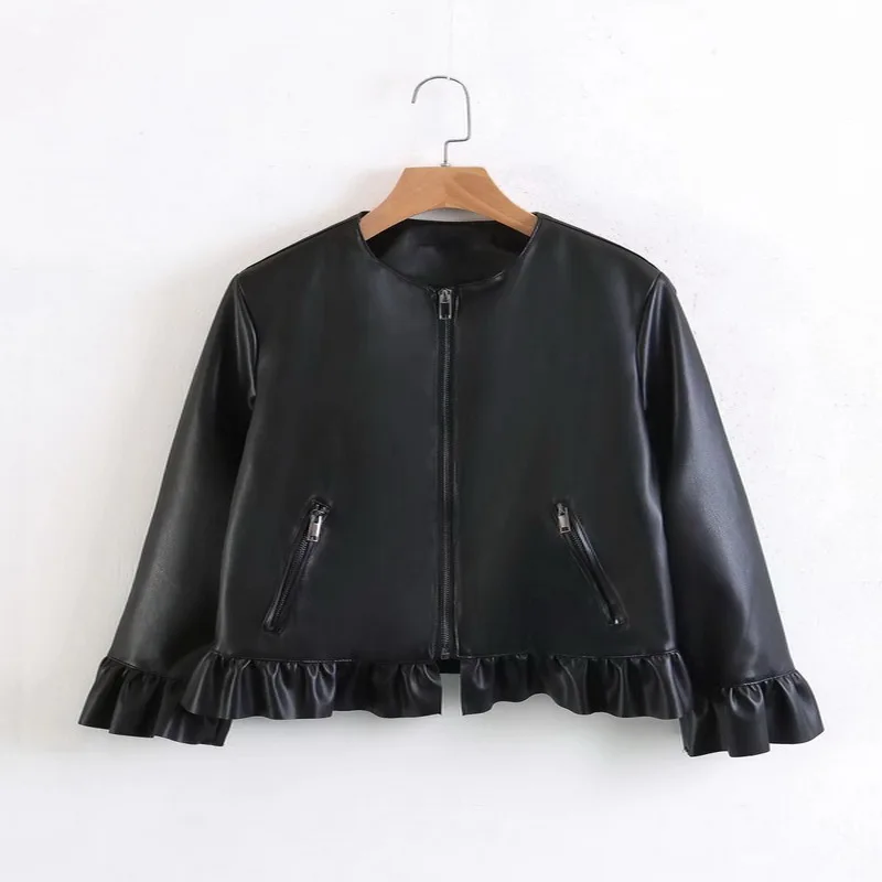

2019 VXO Female Leather Jacket Sweet Ruffled Faux PU Leather Coat Zipper Pockets Stylish Coat Short Coat Faux Leather Jackets