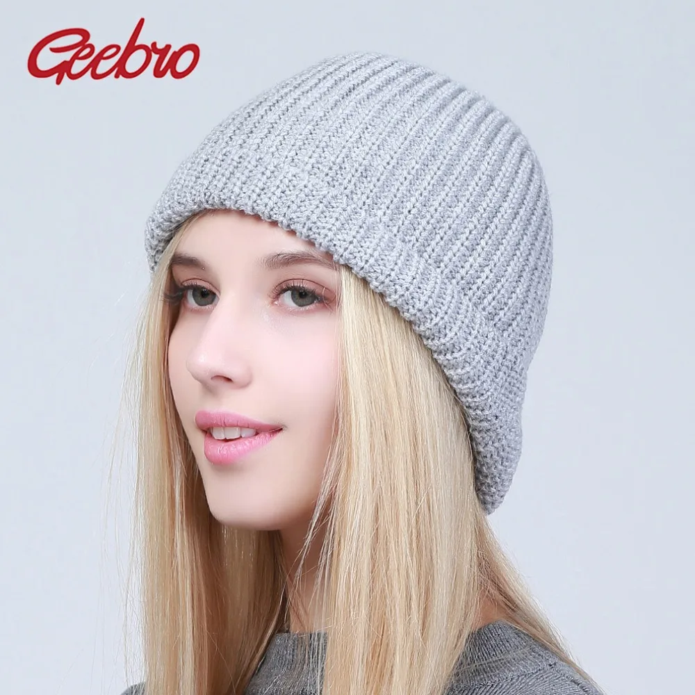 Geebro Women's Knitted Beanie Hat Winter Causal Acrylic Knitting Hat Ladies Solid Color Knitting