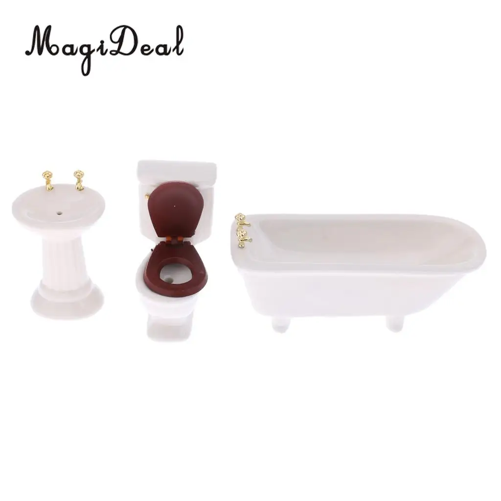 3Pcs/Set White Ceramic Bathroom Bathtub for 1/12 Scale Dollhouse Miniature Furniture Decor Kids Role Play Toys