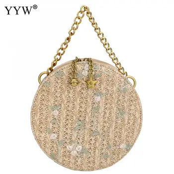

Women Summer Rattan Bag Handmade Woven Beach Circle Straw Bags Bohemia Round Handbags New Fashion Lace Crossbody Shoulder Bag