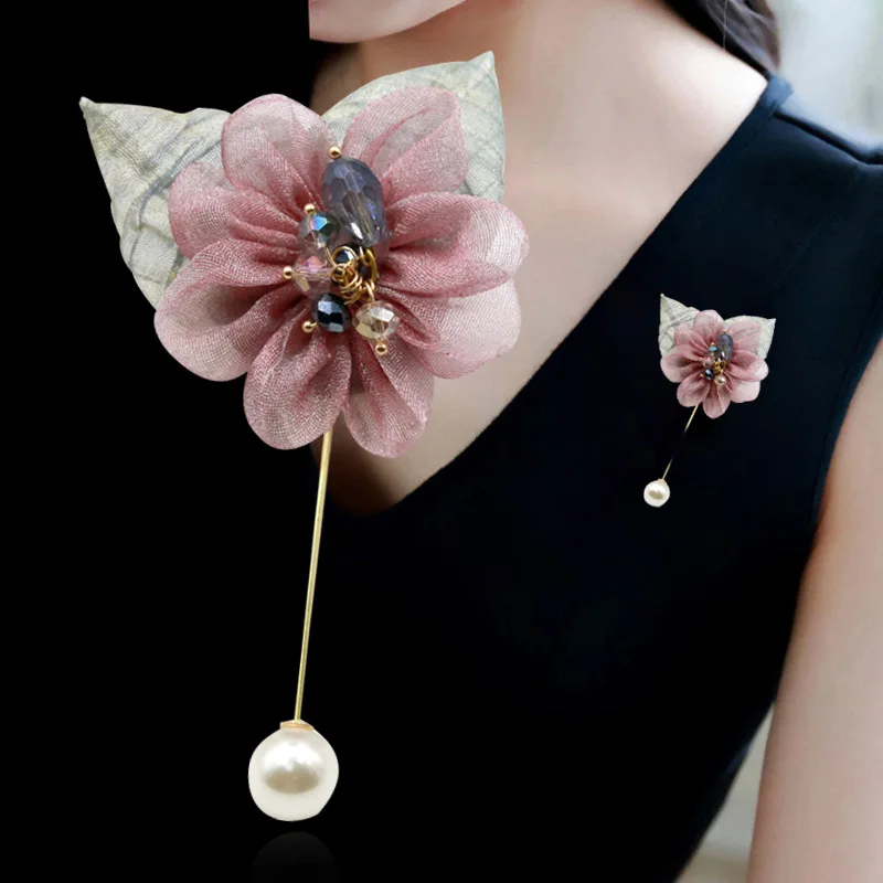 

Korean Corsage Long Needle Brooch Cloth Art Silk Yarn Flowers Brooches Sweater Scarf Buckle Shawl Lepal Pin Women Accessories