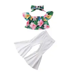 Дети комплекты одежды для маленьких девочек цветочные топы расклешенные длинные брюки клеш Милая хлопковая одежда для девочек 12 м-5 т