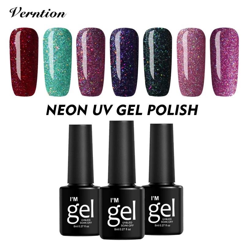 

Verntion Holographic Gel Nail Polish Semi Permanent Shimmer 19 Colorful Glue Nail Art Gel Polish Long-lasting UV LED Gel Primer