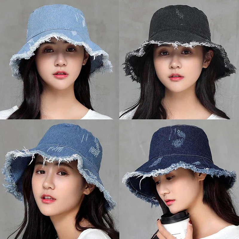 ADBQM Vintage Denim Summer Hat Sunscreen Fisherman Hat Female Casual Outdoor Solid Color Sunshade Edging Bucket Hat Holiday Beach Tourism Fisherman Hat Sun Hat