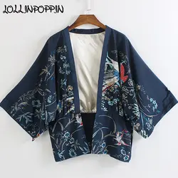 Для женщин Весна кимоно куртка кран с планка без застежки цветочный пальто японский Стиль рукава «летучая мышь» с боковыми атласная куртка