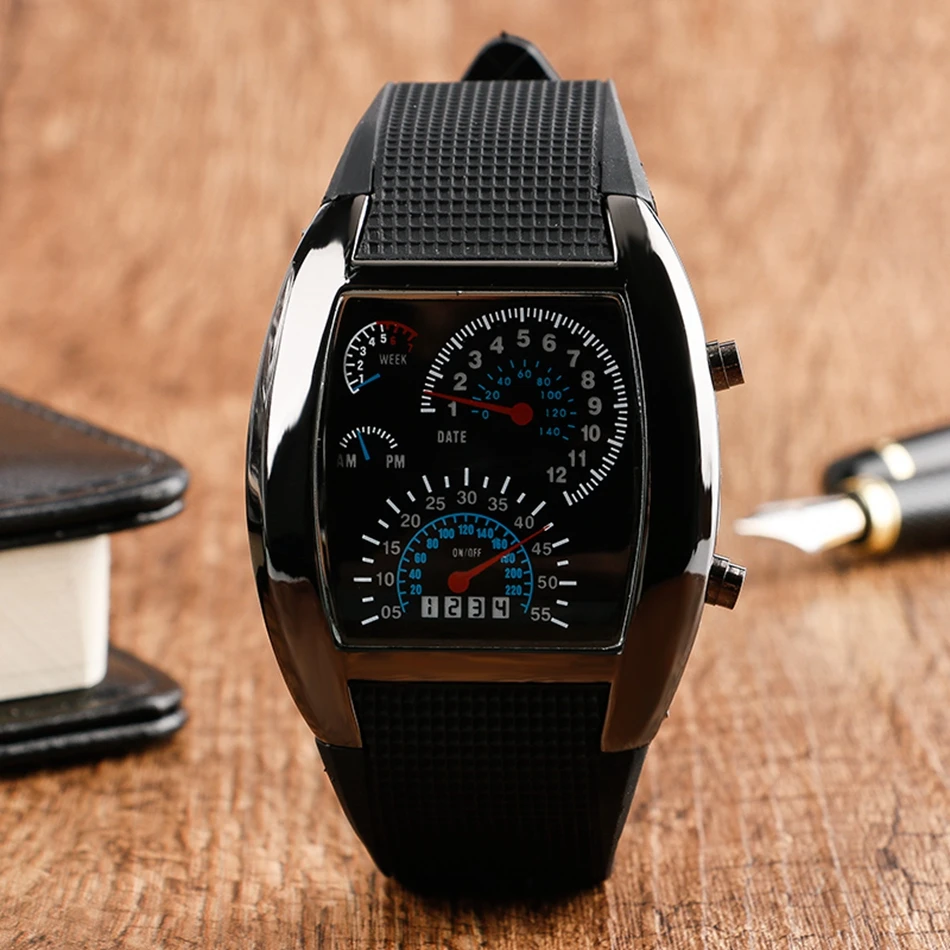 YISUYA Blue&White LED Lighting Men Watches Digital Dial Display Males Wrist Watch Rubber Silicone Band Pin Buckle Speedometer   (7)